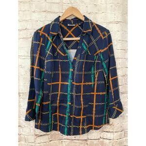 7th Avenue Top Womens Large Equestrian Navy Blue Button Up Cotton Pocket